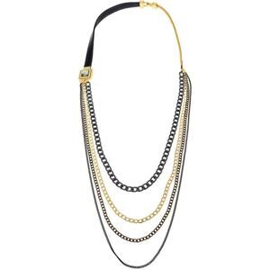HAGAR SATAT Gold Mesh Chain Square Gray Crystal and Black Leather Necklace NWT